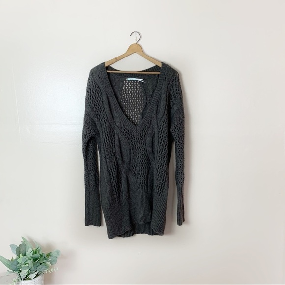 [Kimchi Blue] Dark Brown V-neck Open Knit Mohair Long Sleeve Tunic Sweater - Picture 1 of 9